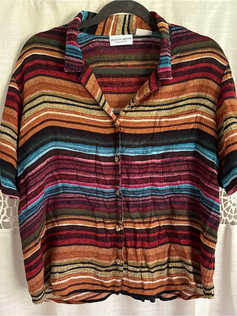 Jaclyn Smith Multicolor Striped Button-Front Top — Burgundy, Teal & Mustard